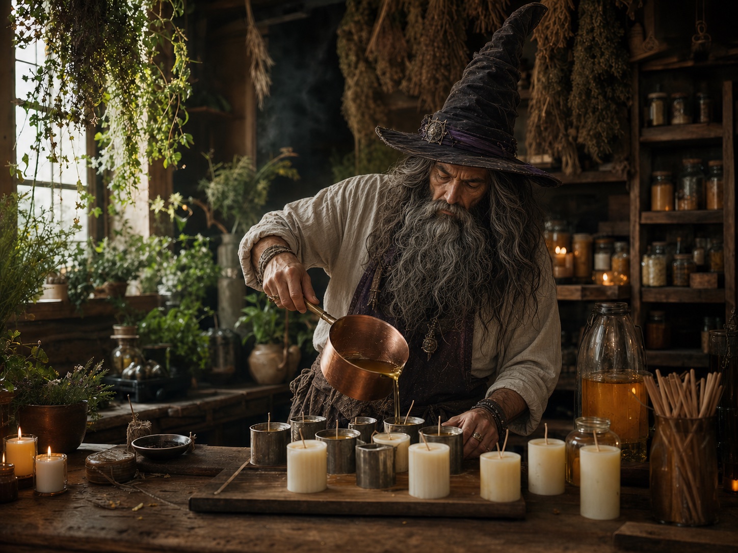 El Brujo vertiendo cera para hacer velas artesanales en su taller, rodeado de plantas y hierbas secas